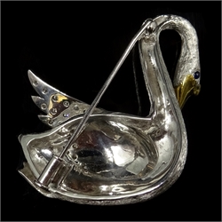  18ct white gold swan brooch set with diamonds and cabochon sapphire eyes  