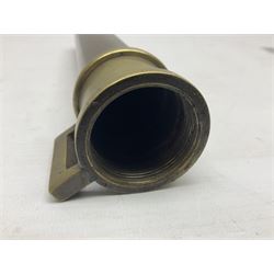 French Naval divers brass handled knife, the 20.5cm single edged steel blade held in place with wooden wedges, tapering ribbed grip with domed pommel and original screw-on scabbard with drain hole L38cm overall