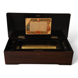 Swiss-Late 19th-century inlaid rosewood musical box playing eight airs, 78 tooth steel comb and brass cylinder, crank operated going barrel with a jewelled governor, with original tune sheet, W51cm 