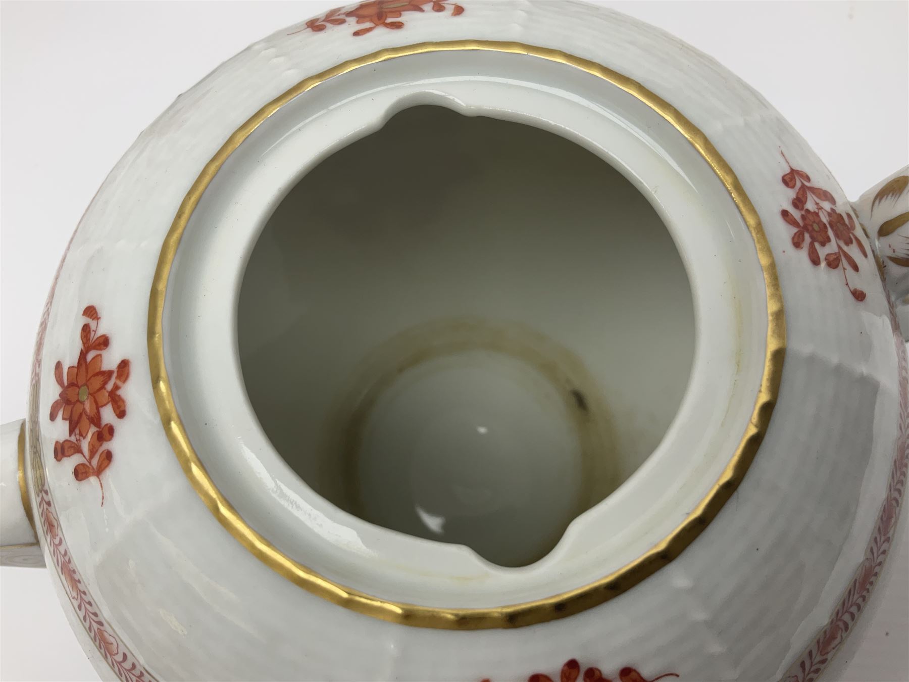 Herend Chinese Bouquet Rose pattern tea service comprising teapot, coffee pot, open sucrier, six cups and saucers, six tea plates, cream jug and stand, milk jug, two teabag holders, preserve pot, two leaf shaped dishes, four egg cups, salt & pepper pots, pair side plates and another plate