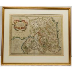 Henricus Hondius II (Dutch 1597-1651): 'Northumbria Cumberlandia et Dunelmensis Episcopatus' - Bishoprics of Northumbria, Cumberland, and Durham, 17th/18th century engraved map with later hand-colouring 35cm x 47cm