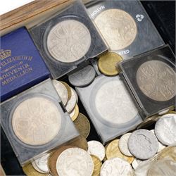 Oak box and contents of coins including German 5 Mark 1935, four QEII 1953 crowns etc