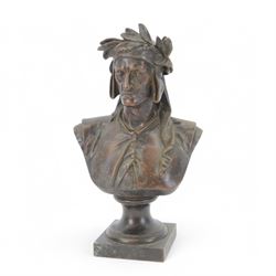 After A. Carrie, bronze bust depicting Dante Aligheri, upon socle and square plinth, signed verso with foundry mark, H22cm