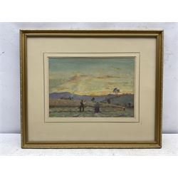 Michael Long (Bristol Savages 1940-): 'A Shaft of Light', gouache signed titled and dated '90, 25cm x 34cm; James Robson (Harrogate 20th century): Village Bridge, watercolour signed, artist's address label verso 23cm x 36cm; Roy Wrench (Bristol Savages): 'Newton Ferrers - Devon', watercolour signed and titled 29cm x 38cm; Charles James Kelsey (British 1870-1960): 'Hard Work', oil on board, signed and titled verso 22cm x 32cm (4)