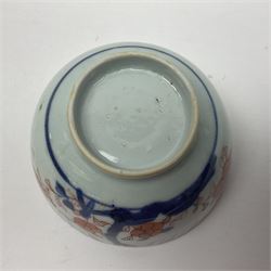Chinese ceramic bowl, painted with floral and foliate decoration on a white ground, together with a similar much smaller Chinese bowl, painted with mountain scene to centre and covered by basket weave to exterior and a white metal mounted pear shaped scent bottle, largest bowl D11cm