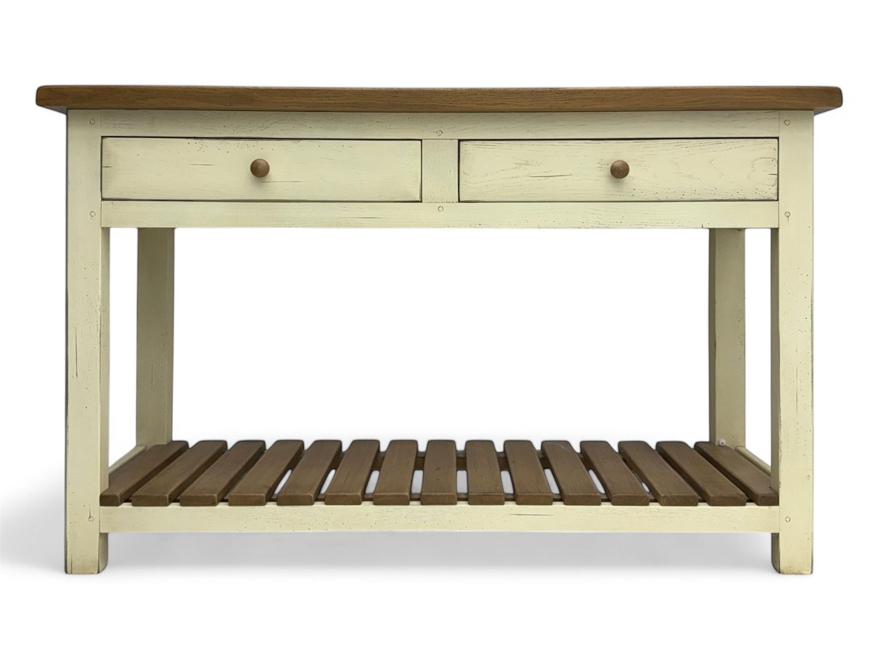 Fired Earth - contemporary Bastide style console table, oak top over cream painted frame fitted with two drawers and turned wooden handles, above a slatted oak undertier, raised on square supports