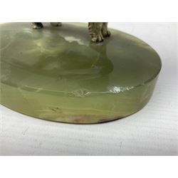 Art Deco oval onyx pin dish, mounted with a cold painted bronze terrier, H10cm