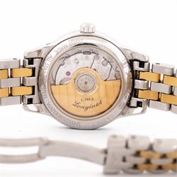 Longines Flagship ladies two tone stainless steel automatic wristwatch, Ref. L4.274.3, Cal. L595.2, white dial with diamond dot hour markers and date aperture, exhibition back, on original bracelet with fold-over clasp, boxed with guarantee card dated 2011