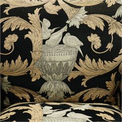 Duresta - hardwood-framed armchair, of traditional shaped with rolled arms, upholstered in arabesque pattern fabric decorated with urns and birds 