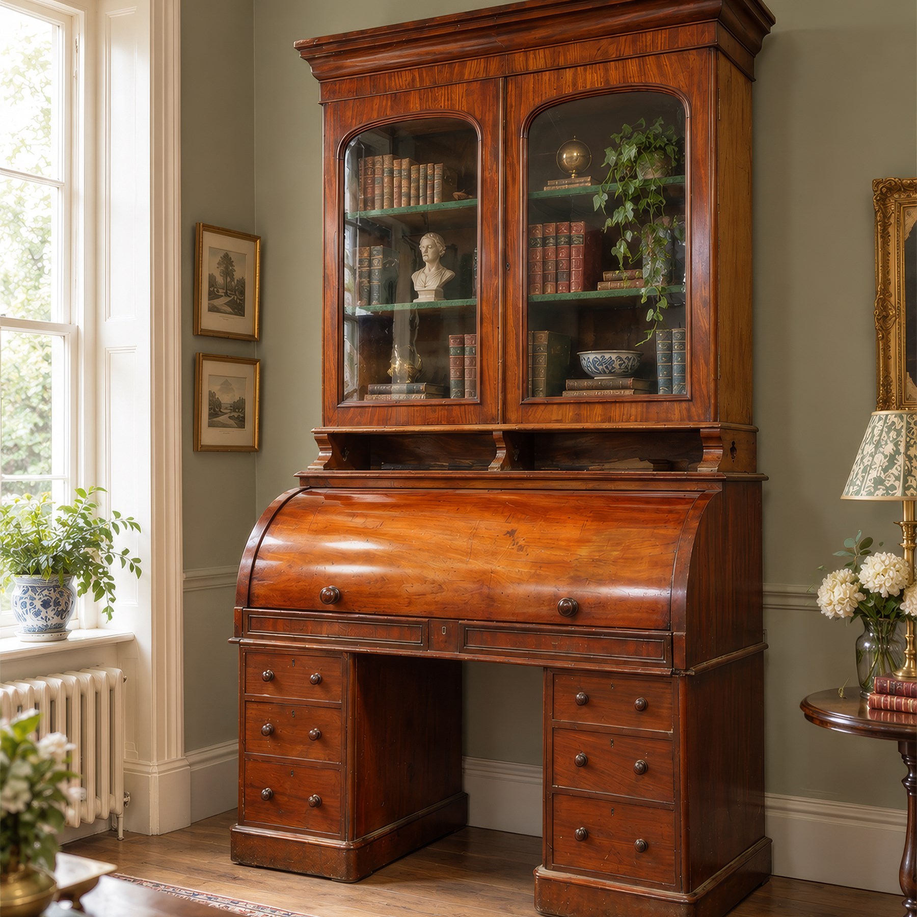 Victorian mahogany cylinder roll-top bookcase-secretaire, projecting cornice over twin glazed doors enclosing two shelves, the cylinder roll-top enclosing fitted interior with sliding drawer, hinged compartments, correspondence drawers and pigeon-holes, the twin pedestals fitted with three graduating drawers to each side, on plinth bases with castors