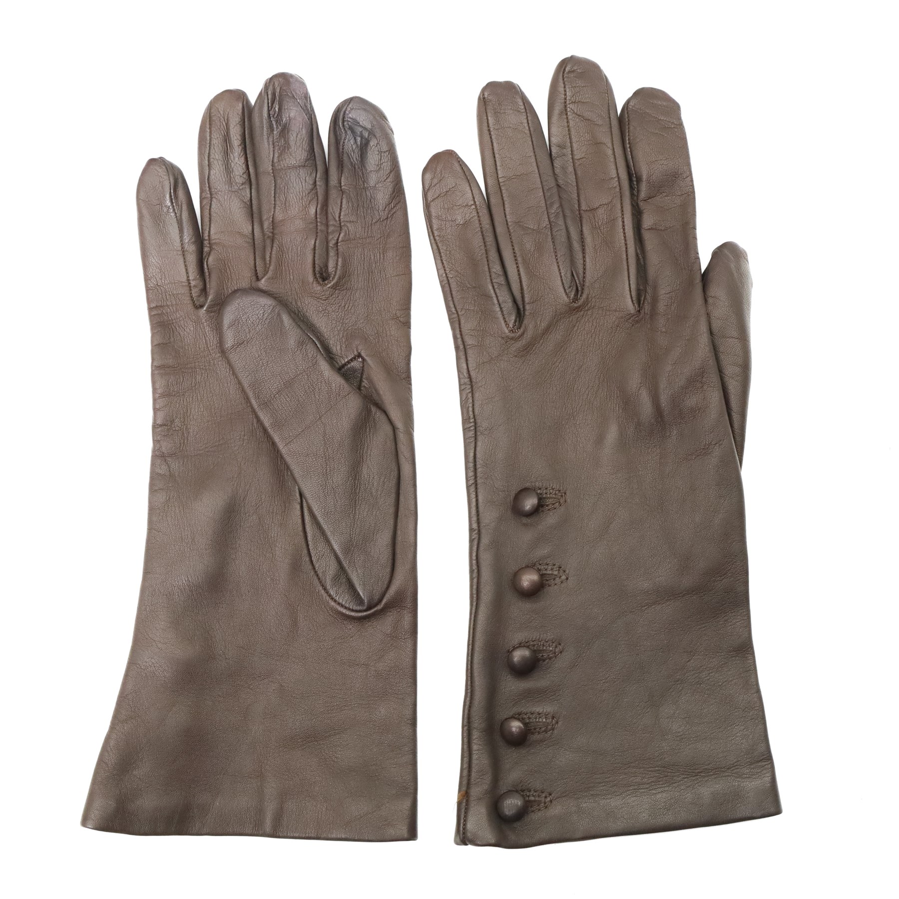 Harrods, Jaeger and others - five pairs of ladies’ leather gloves, comprising red Harrods studded gloves, brown Jaeger buttoned gloves and three further Italian pairs