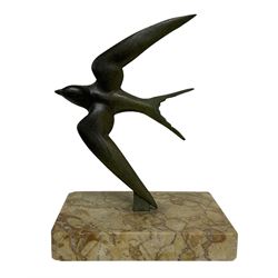 Bronze figure of a swift, the bird sculpted in mid flight upon marble base, signed G. Garreau, H17cm