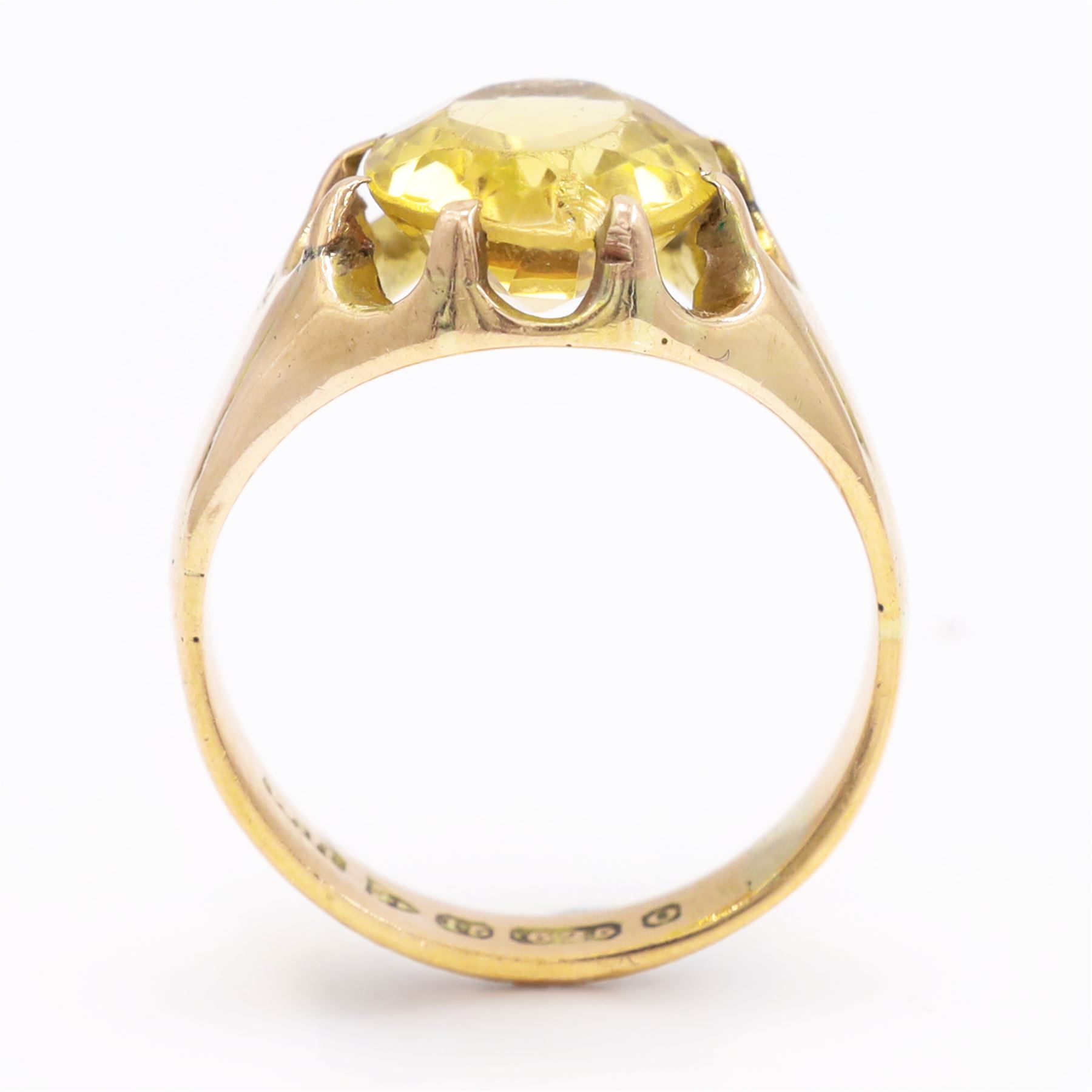 Victorian 15ct rose gold citrine ring, eight claw set with a single oval cut citrine, Chester 1897