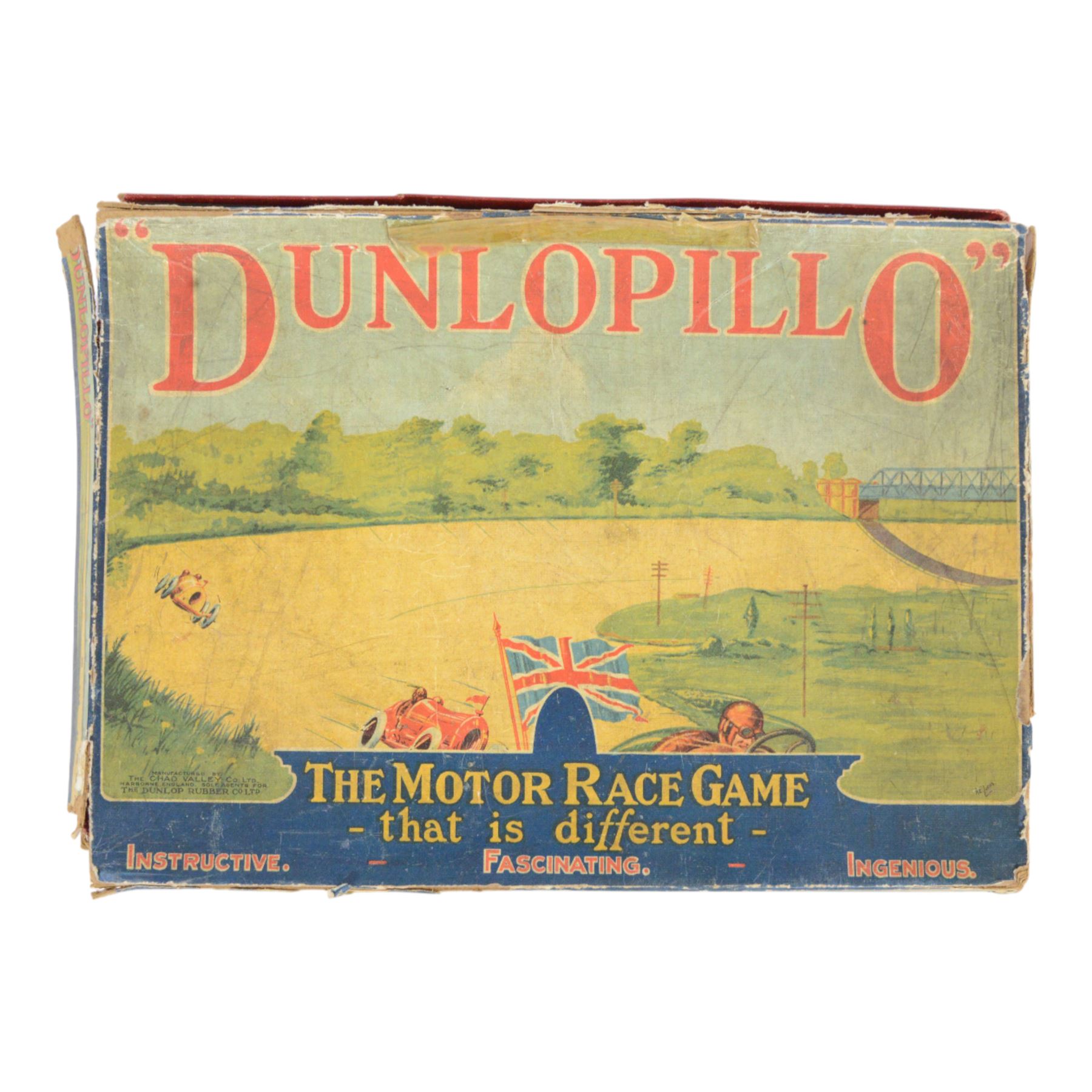 1930s Chad Valley Dunlopillo board game, with board, metal racing car counters, card counters and spinner, in original box