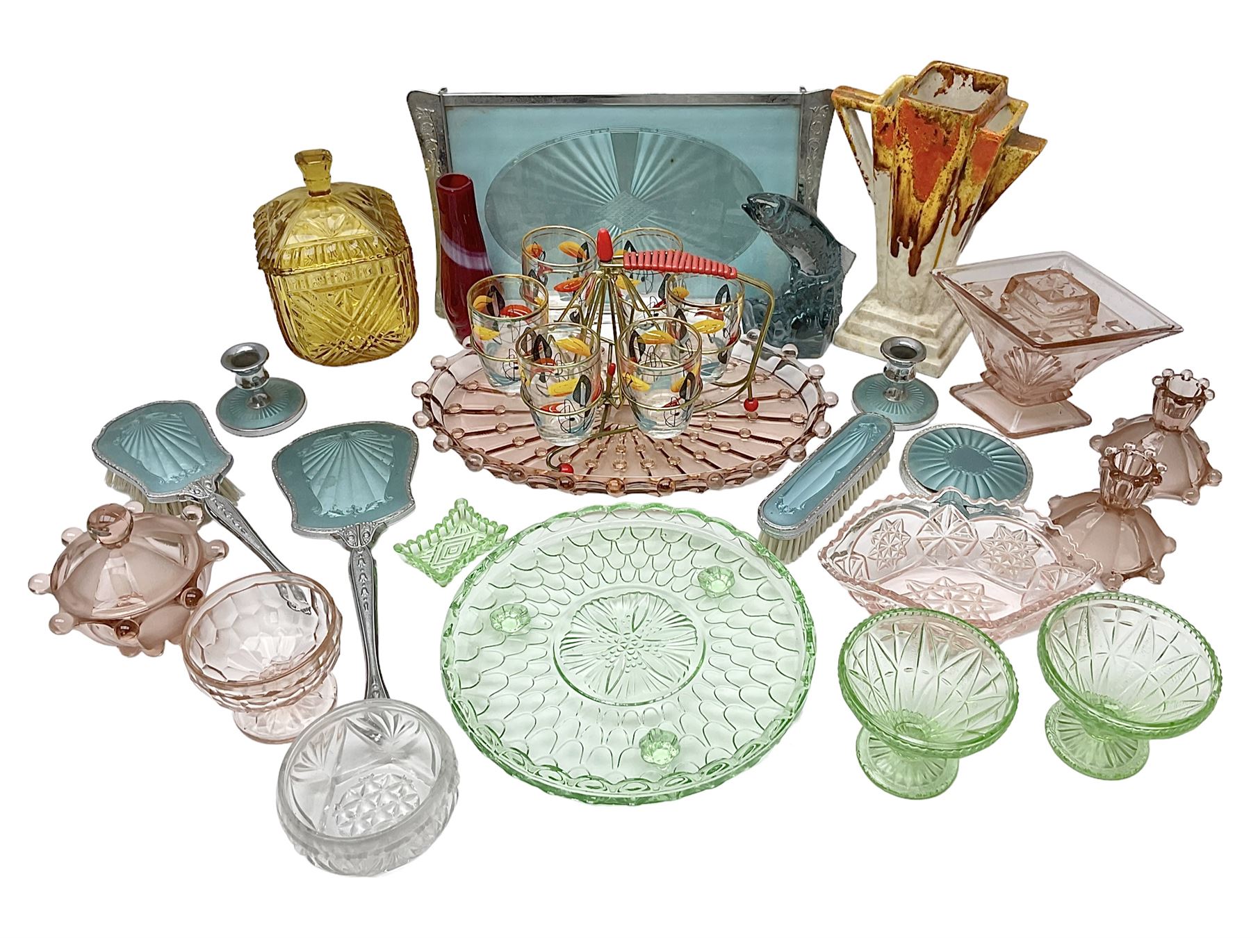 Swedish Svenskt Glass limited edition blue glass salmon, modelled by Paul Hoff, together with two vintage moulded coloured glass dressing table sets with jars and trays, spinning shot glass holder with abstract design glasses and an Art Deco vase, etc 