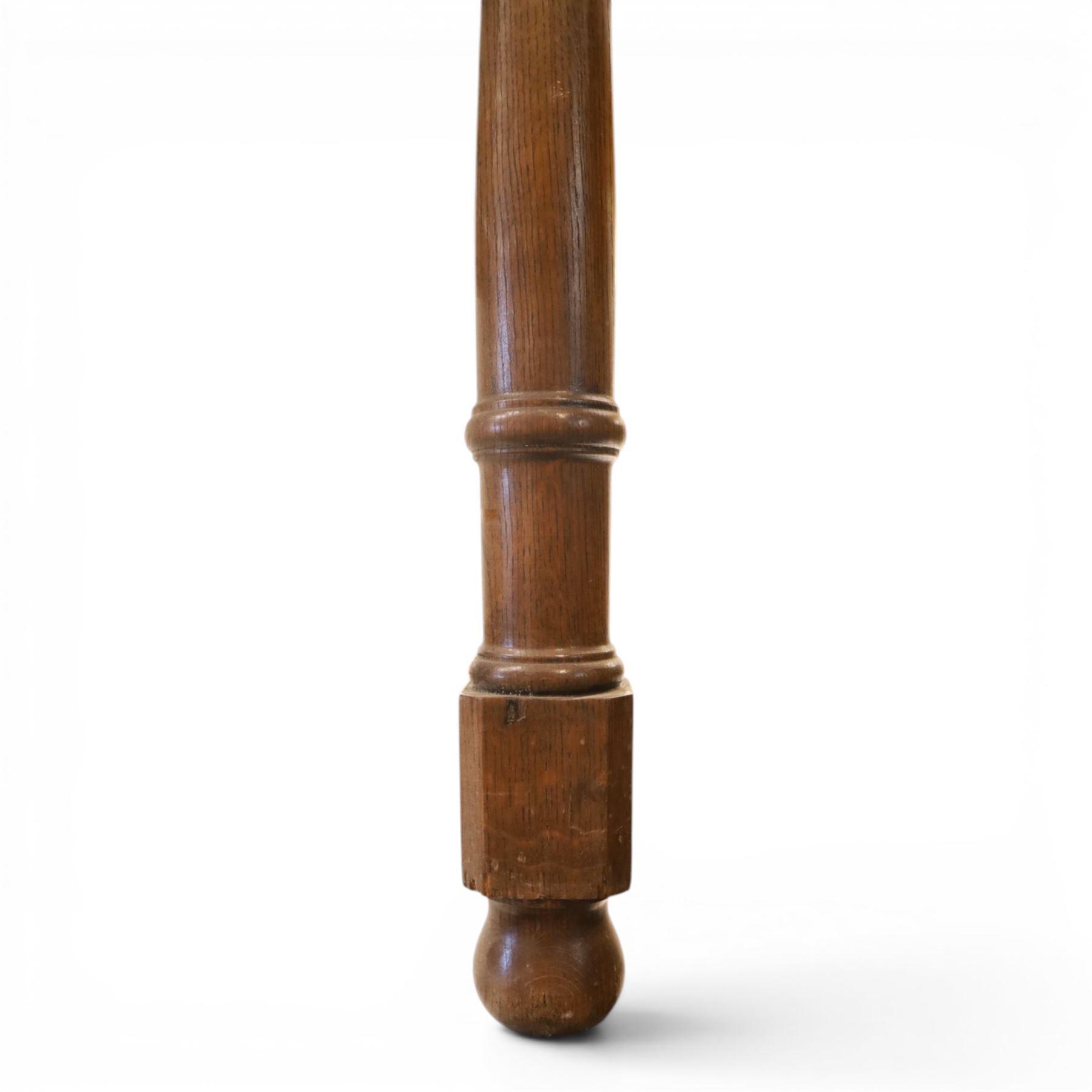 Large oak and pine farmhouse table, with pine plank top raised on and oak base with turned supports united by a long stretcher 