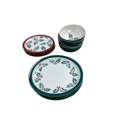 Denby Holly pattern Christmas ceramics, comprising four dinner plates, four side plates, and four bowls 