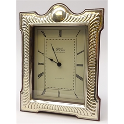  Silver fronted mantel clock with quartz movement by R. Carr, Sheffield, 1992, H19.5cm x W14.5cm   