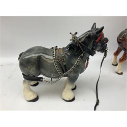 Four Melba Ware Shire horse figures and another similar, and three wood carts