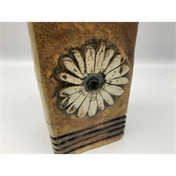 Studio pottery table lamp of slab built and moulded form with applied floral and abstract motifs, H33cm