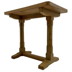 'Rabbitman' oak stretcher table, adzed rectangular top on twin octagonal supports, on sledge feet joined by floor stretcher, carved with rabbit signature, by Peter Heap of Wetwang
