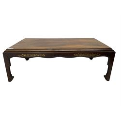 19th century rosewood opium table, rectangular top with moulded edge, the shaped apron decorated with applied brass scrolling foliate detail, raised on shaped supports with stylised leaf feet and cockbeaded edge