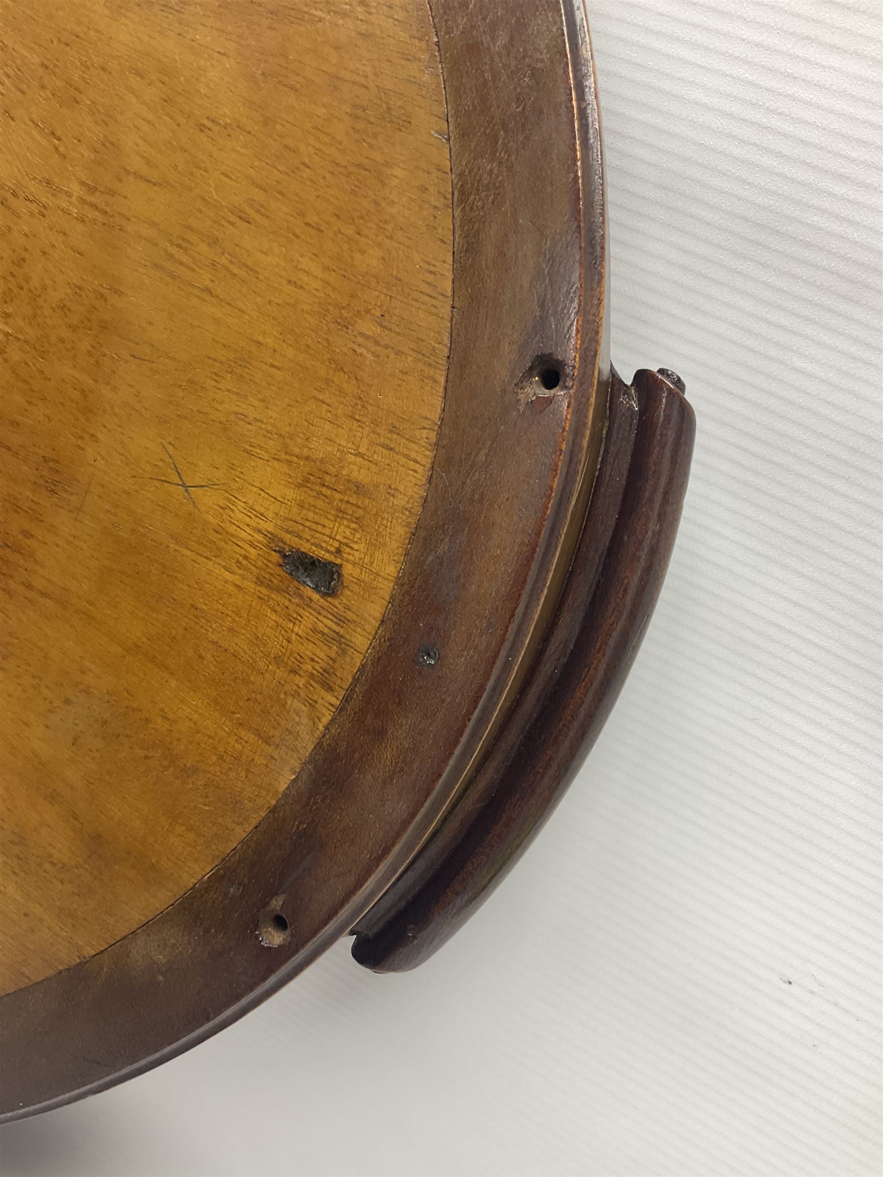 Late 19th/early 20th century mahogany and marquetry inlaid tray, of oval form with twin scrolled handles and moulded border, the central panel inlaid with figures seated at a table drinking tea, L99cm