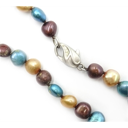 Long blue, brown and champagne colour pearl necklace, with silver clasp stamped 925,150cm  