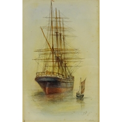  Sailing Vessel and Boat in Calm Waters, 19th century watercolour signed with initials J.T.A and dated 1886, 15.5cm x 9.5cm  