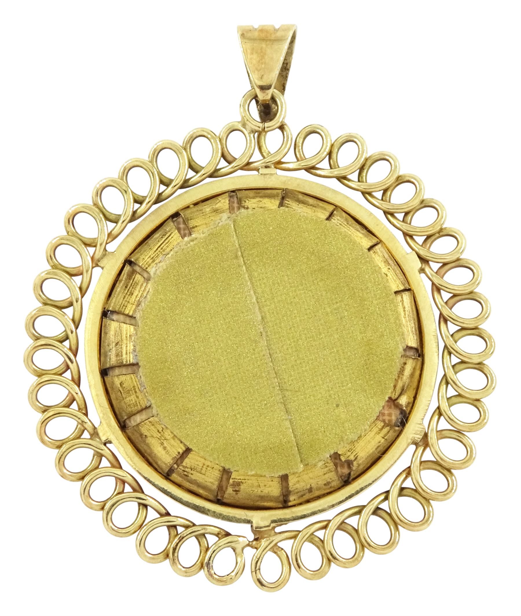 14ct gold portrait pendant, set with a circular miniature of a woman after Elisabeth Vigee Le Brun (French 1755-1842) on ivory, signed Le Brun, under a glazed panel, within a pierced scroll frame. This lot has been registered for sale under Section 10 of the APHA Ivory Act