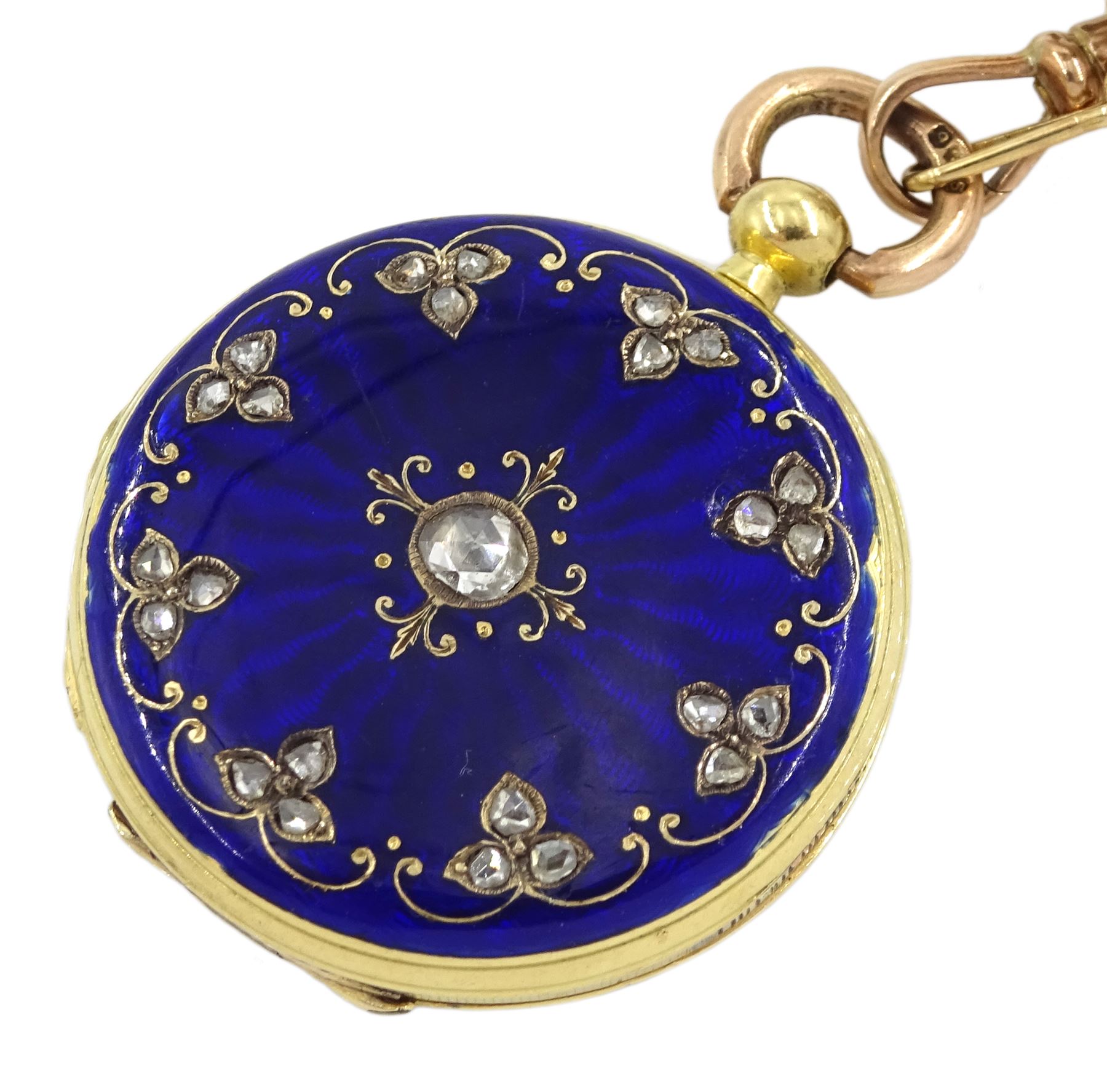 19th century French 18ct gold full hunter key wound cylinder ladies fob watch, the inner dust cover engraved 'Chs Oudin Bte Palais Royal 52 No. 16239..', white enamel dial with Roman numerals, guilloche blue enamel and diamond outer case, eagle hallmark, with gold split seed pearl bow brooch