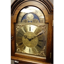  Fenclocks medium oak longcase clock, triple brass weight driven movement, moon phase dial, Westminster, Whittington and St. Michaels chime, with silent, enclosed by lead glazed door, H181cm  