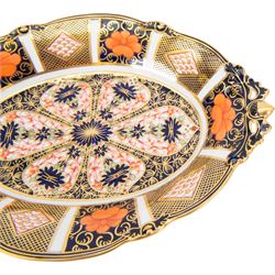 Royal Crown Derby dish, Imari 1128 pattern, of lozenge form, with pierced handles moulded with acorn terminals, L30cm