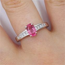 18ct white gold fine pink spinel ring, with channel set diamond shoulders, hallmarked, spinel approx 0.80 carat
