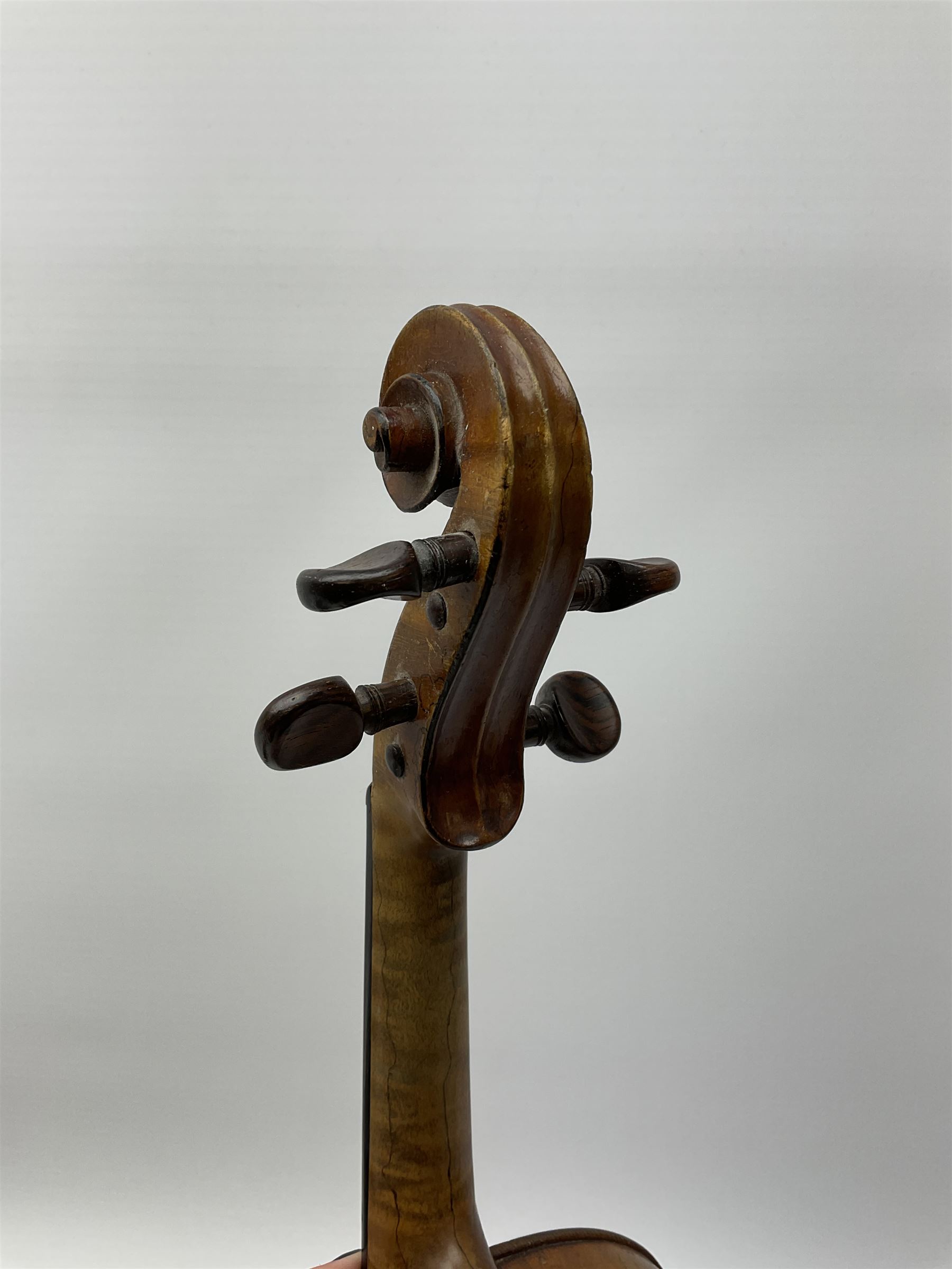 French Mirecourt violin c1920s with 36cm one-piece maple back and ribs and spruce top, labelled Jermone Thibouville-Lamy, L59cm, in fitted carrying case with German bow and 1984 valuation certificate by Frome Valley Music