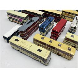 Thirty-one modern die-cast models of buses, coaches and trams by Corgi, EFE, Solido etc; predominantly unboxed but one in box