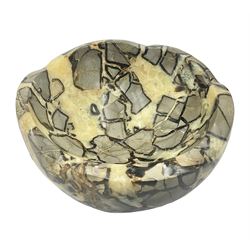 Polished septarian bowl, with a calcite and siderite within limestone rock, D16cm H8cm