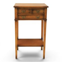 Georgian design mahogany lamp table, fitted with three small drawers, raised on square supports united by a full length undertier