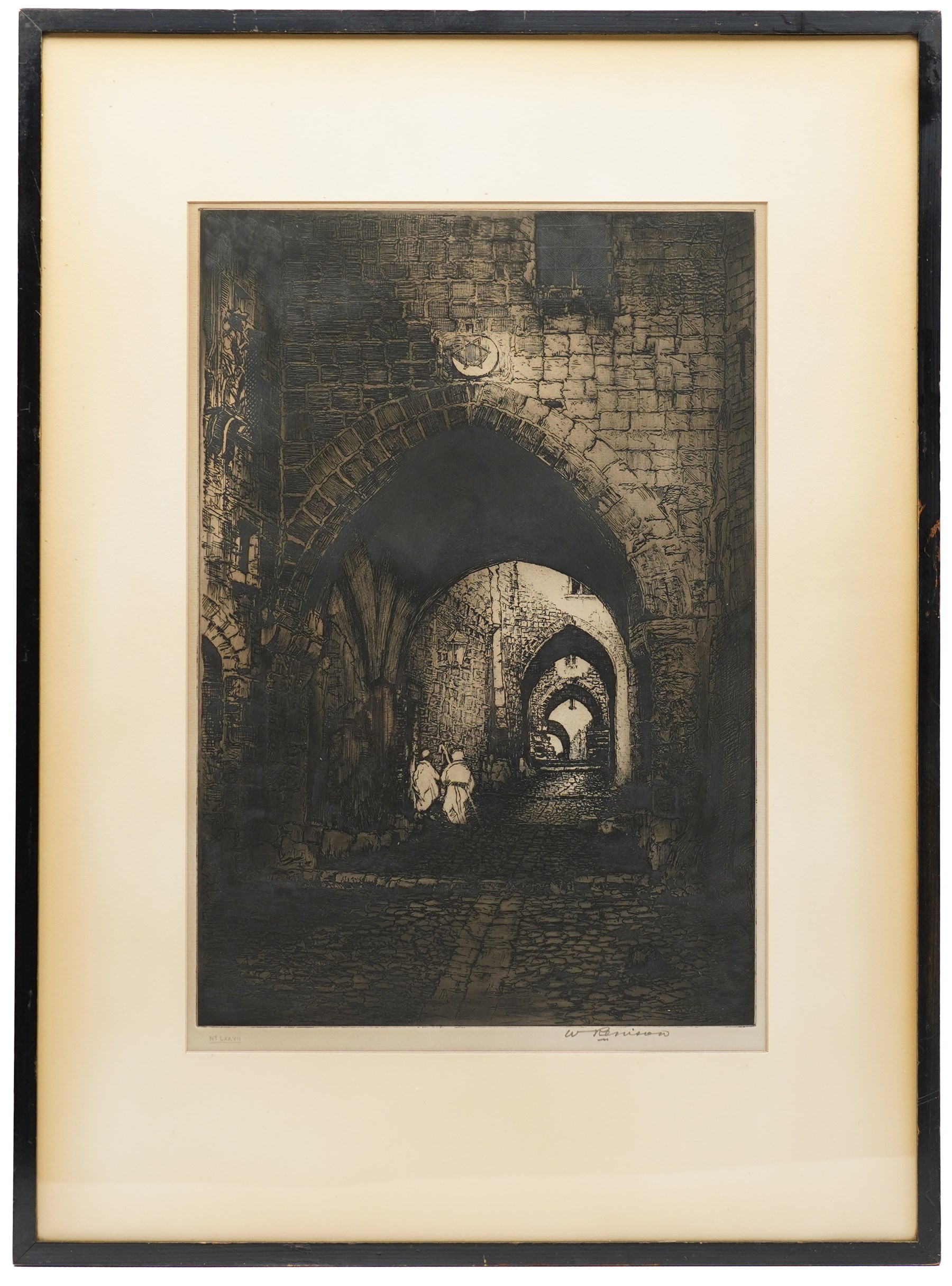 William Renison (Scottish 1893-1938): House of Saint Veronica - Via Dolorosa Jerusalem and French Town Centre; Frank Harding (British fl.1885-1890): 'Christchurch Priory'; John Fullwood (British 1851-1931): Churchyard, and Georges Huardel-Bly (French 1872-?): The Old Curiosity Shop, five monochrome etchings signed in pencil max 44cm x 30cm (5)