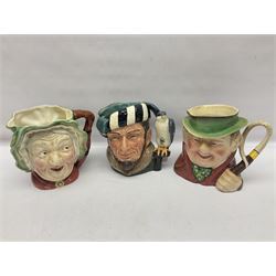 Collection of Royal Doulton and Beswick character jugs of various sizes, including North American Indian D6611, The Falconer D6533,  Tony Weller 281, Sairey Gamp 371 etc