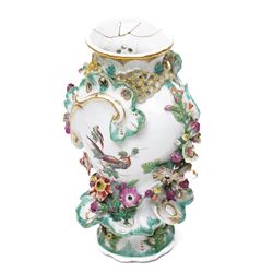 *18th century Chelsea porcelain vase, c1756-1759, with moulded floral decoration, with reserve panels of birds, gold anchor mark to base, H21cm; together with a pair of Sampson figures in Chelsea style, modelled as two female figures holding a peacock and corn, H22, and one further pair of Sampson figures, H17cm (5)From the Kirkham Hall Attic & Cellar Collection, sold without reserve