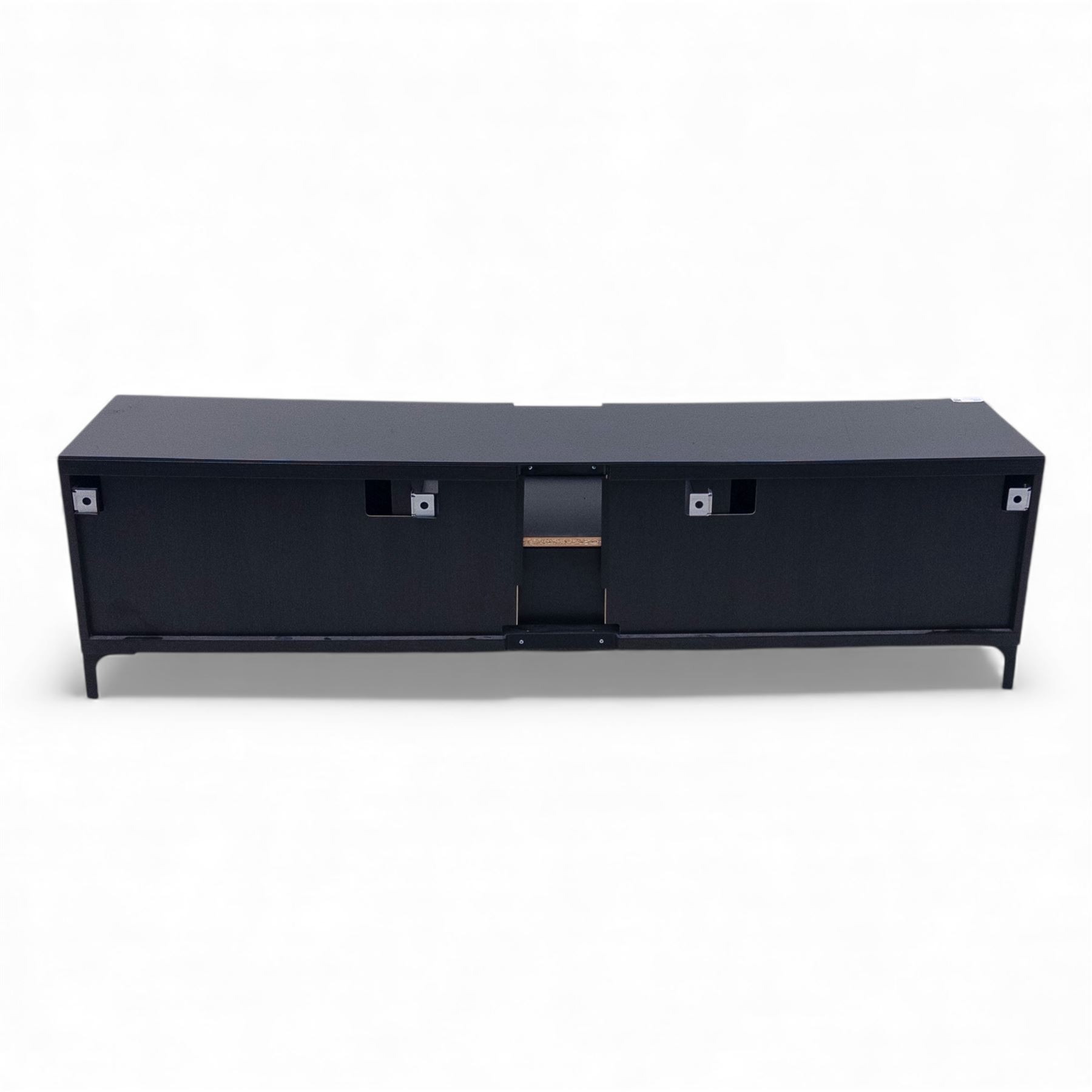 IKEA - contemporary black and beige low media unit, rectangular form with high-gloss black top and beige panelled doors, fitted with central open shelf and twin cupboards, push to open doors and drawers, raised on short bracket feet