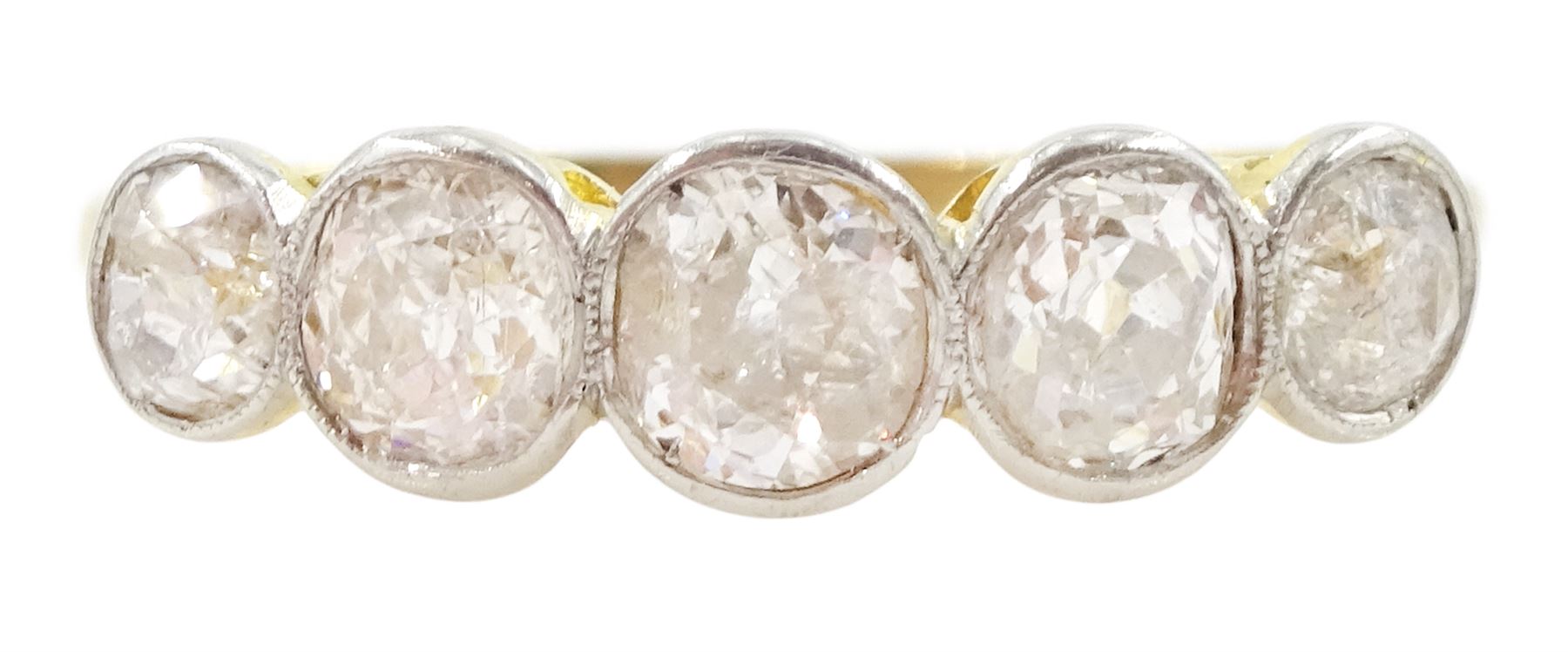 Early 20th century gold five stone old cut diamond ring, stamped 18ct, total diamond weight approx 1.50 carat