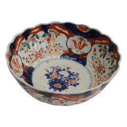 Japanese Imari dish, with scalloped edge, the internal decoration with panels of blossoming branches and a central bird, together with another imari bowl and three vases, scalloped dish H7cm