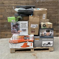 Collection of boxed items including a Flymo Micro Lite lawn mower, HP printer, Daewoo Halo...