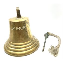 Large brass ship's bell inscribed 'Launcelot' with steel clapper H30cm