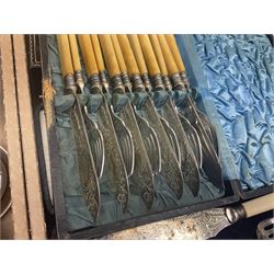 Cased canteen of cutlery, together with set of fish flatware, French teawares etc, in two boxes 