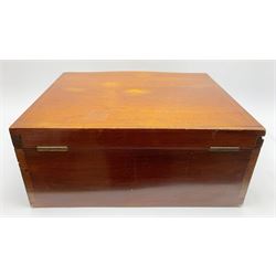 Late 19th/early 20th century composite canteen of silver flatware, contained within an early 20th century mahogany serpentine fronted case with twin drop carry handles, and hinged cover with boxwood stringing and central inlaid shell motif, above a single drawer with twin ring handles and Wellington style locking system, the cover and drawer opening to reveal plaque for Spink & Sons Ltd London, and fitted interior containing ivory handled knives, ivory handled carving set, and silver Hanoverian and Old English pattern cutlery, each with engraved monogram to terminal, hallmarked London, makers Spink & Son (John Marshall Spink), Goldsmiths & Silversmiths Co, and Chawner & Co (George William Adams), various dates ranging 1880-1923, gross weighable silver 92.59 ozt (2880 grams)