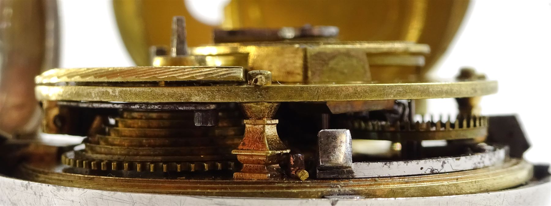 18th century silver and tortoiseshell quadruple cased verge fusee pocket watch by Graham, London, square baluster pillars, pierced and engraved balance cock, signed white enamel dial with Roman numerals and Fleur de Lys decoration, tortoiseshell third outer case with pique work to the borders, in a fitted later white metal fourth case