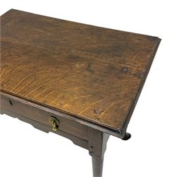 George III oak and elm low-boy, rectangular top with moulded edge, fitted with single drawer cast brass drop handles, shaped apron over cabriole supports terminating in pointed feet